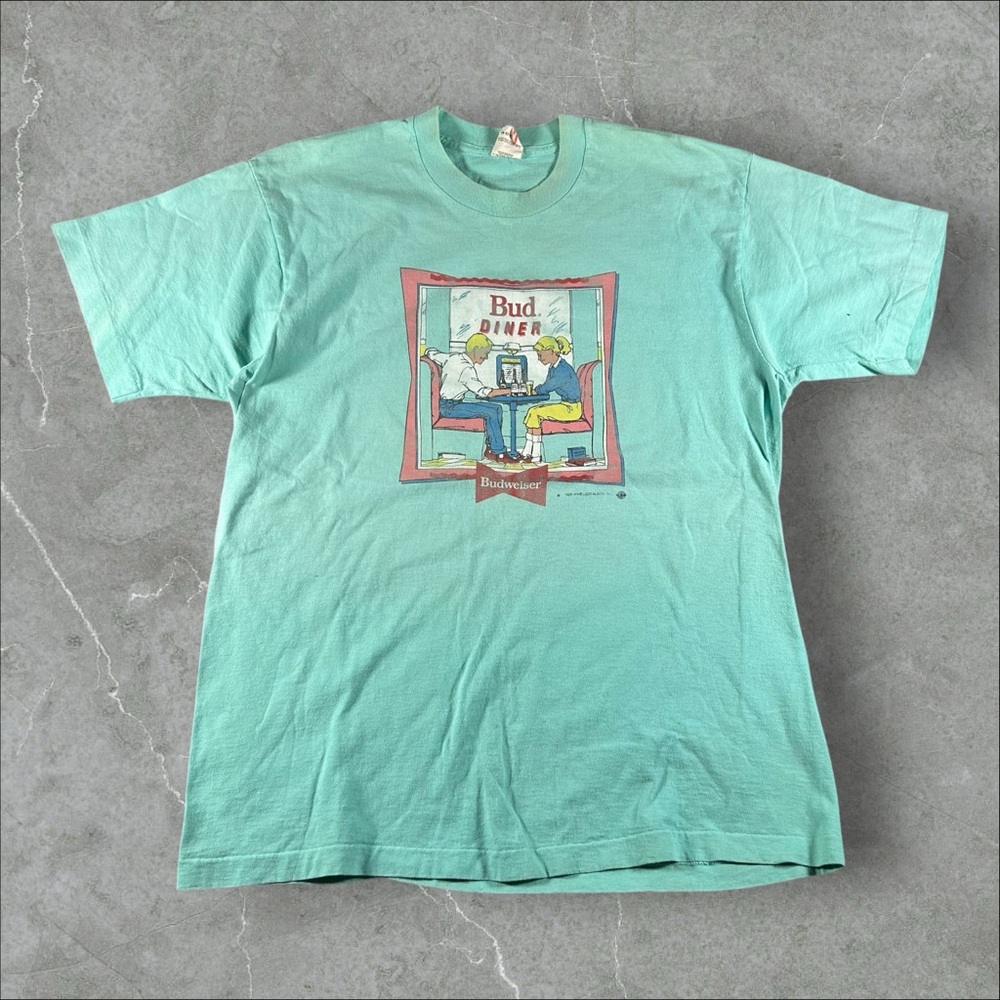 Vintage Budweiser Shirt Mens XL Blue 1989‎ Bud Diner 80s Beer Single Stitch Rare